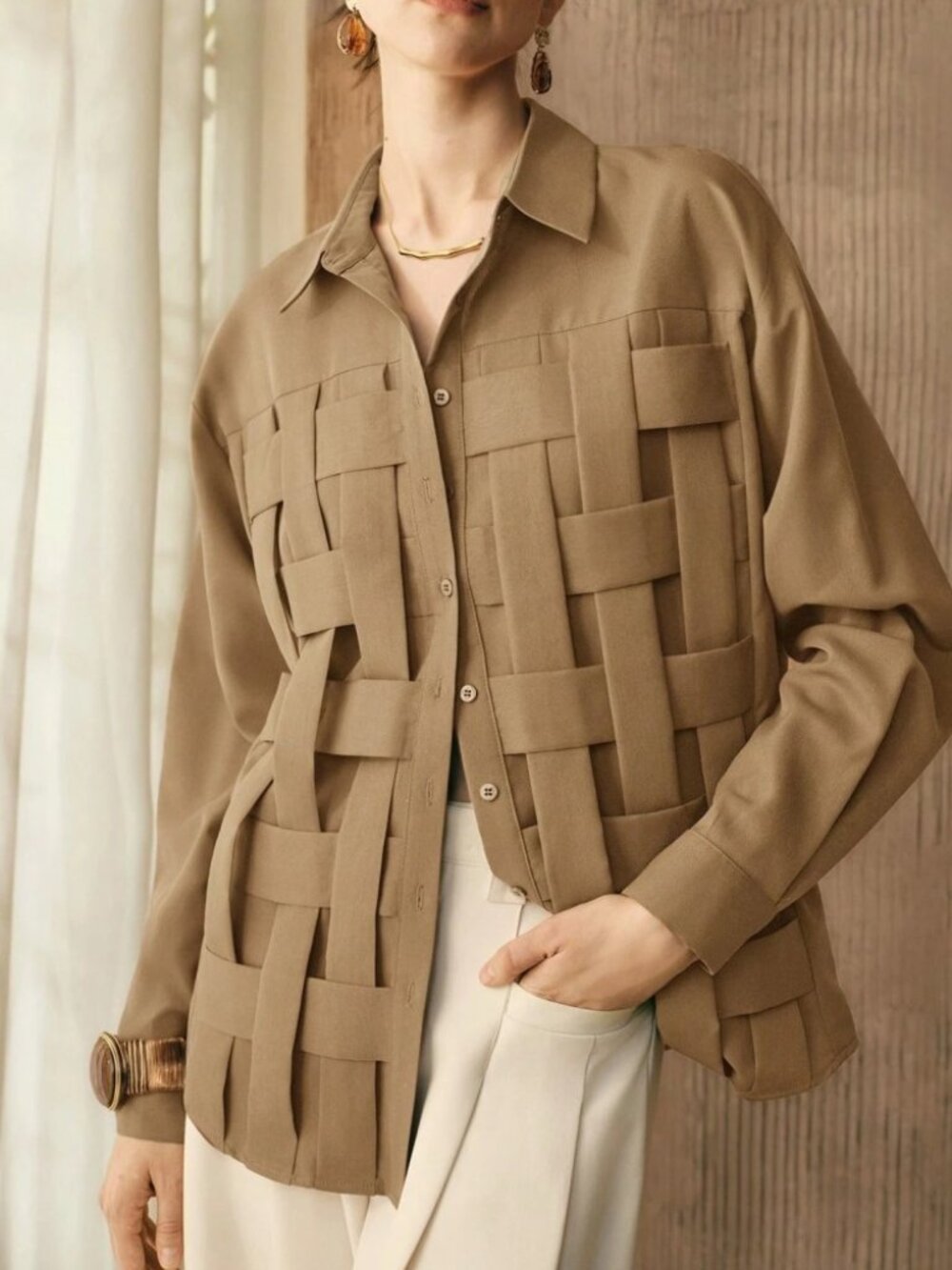 Tan Basketweave Front Button Down Shirt